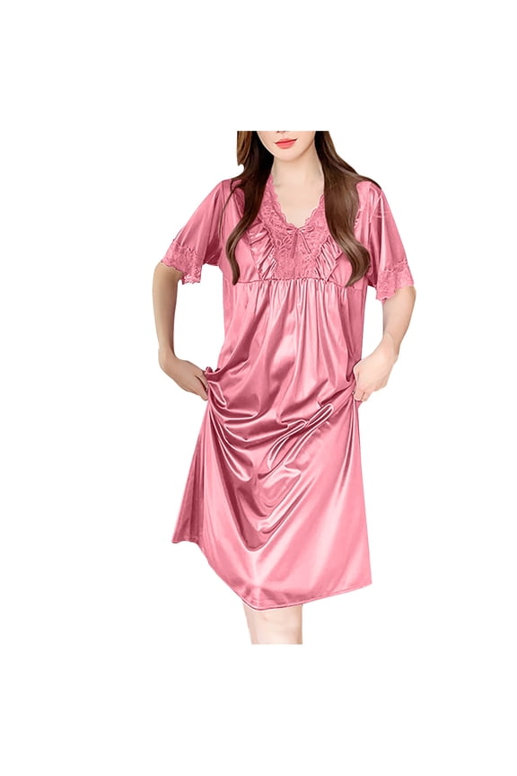 Nightgowns for Women, Women's Sleepwear, Fashion Summer Soft Lightweight Solid Color Bow Fold Short Sleeve Ice Silk Long Sleepshirts Rose Gold A Free Size