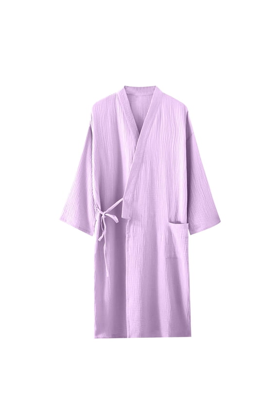 Nightgowns for Women, Women's Sleepwear, Solid Color V-Neck Long Sleeve Robe Bathrobe Cotton Gauze Double Washed Muslin Crepe Chine Robe Bathrobe Homewear Purple L
