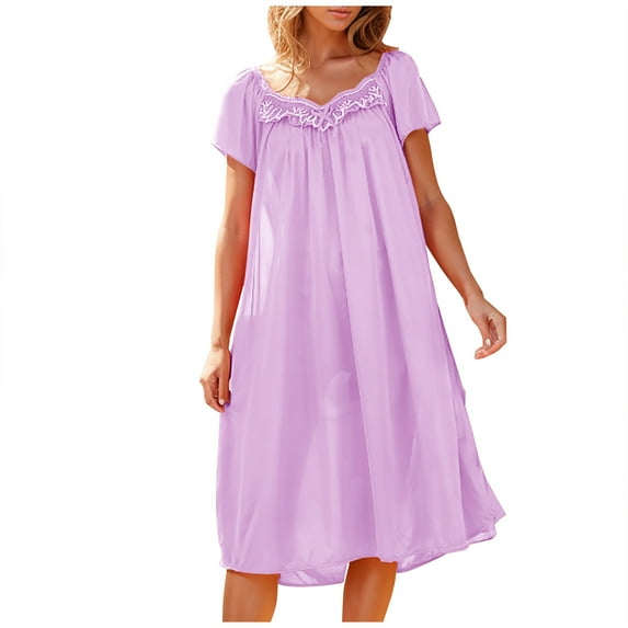 Ashirexll Nightgowns for Women, Women's Sleepwear, Summer Solid Color Short Sleeve Square Neckline Ice Silk Soft Lightweight Comfortable Home Dress Below-The-Knee Nightdress Purple B Free Size