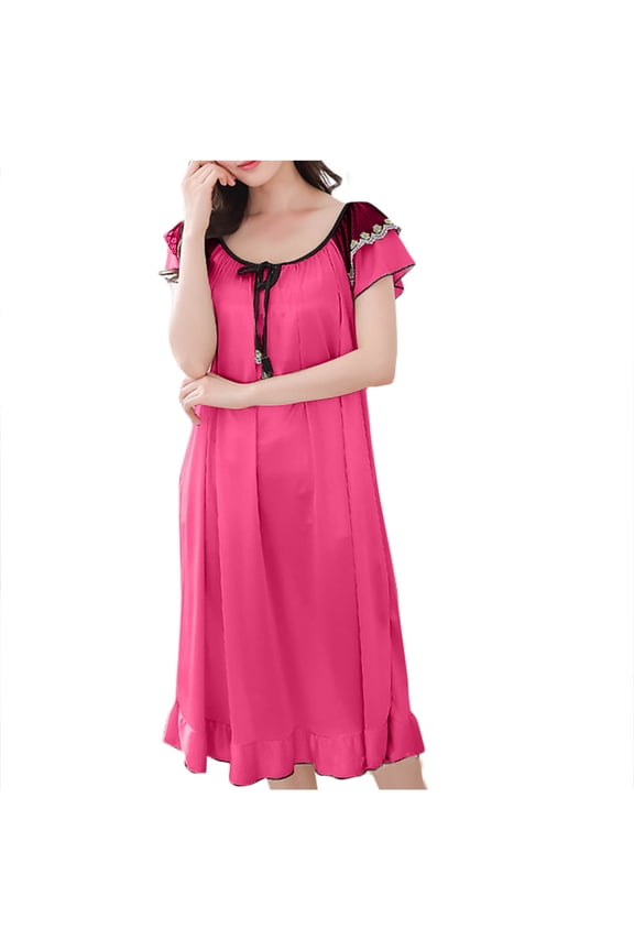 Nightgowns for Women, Women's Sleepwear, Summer Crew Neck Short Sleeve Lightweight Comfortable Solid Color House Dress Hot Pink L