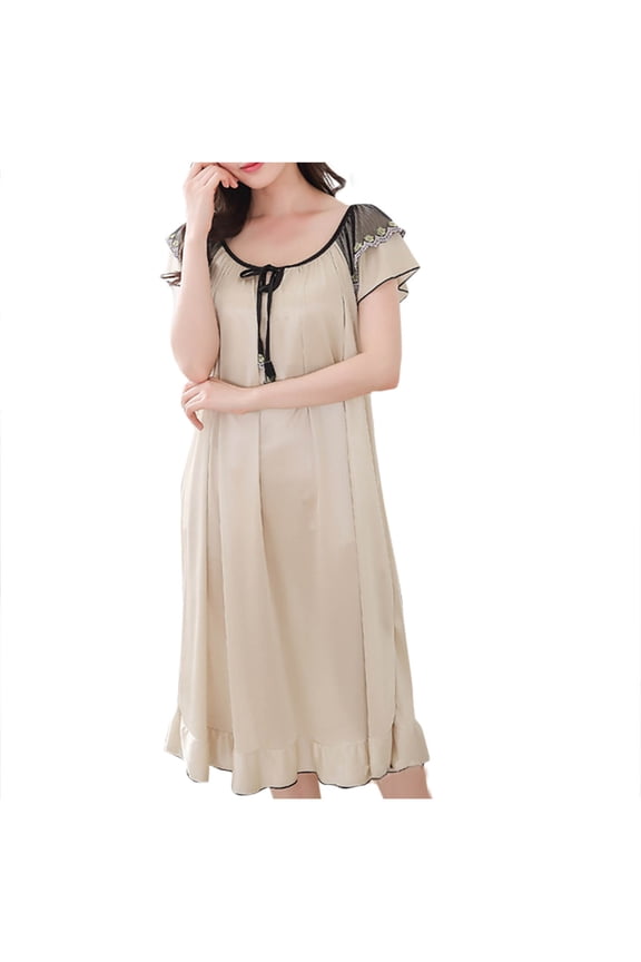 Nightgowns for Women, Women's Sleepwear, Summer Crew Neck Short Sleeve Lightweight Comfortable Solid Color House Dress Khaki XL