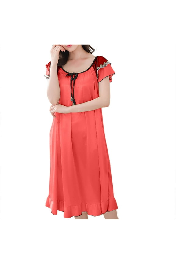 Nightgowns for Women, Women's Sleepwear, Summer Crew Neck Short Sleeve Lightweight Comfortable Solid Color House Dress Red XXL