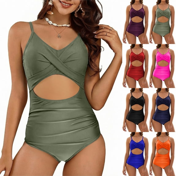 Ashirexll One Piece Swimsuit Women Solid Color Back Set Swimsuits Tankinis Bathing Suits Beachwear