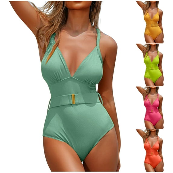 Ashirexll One Piece Swimsuit Women Solid Color Backless Strap Solid Bikini Casual Comfortable Summer Swimsuit