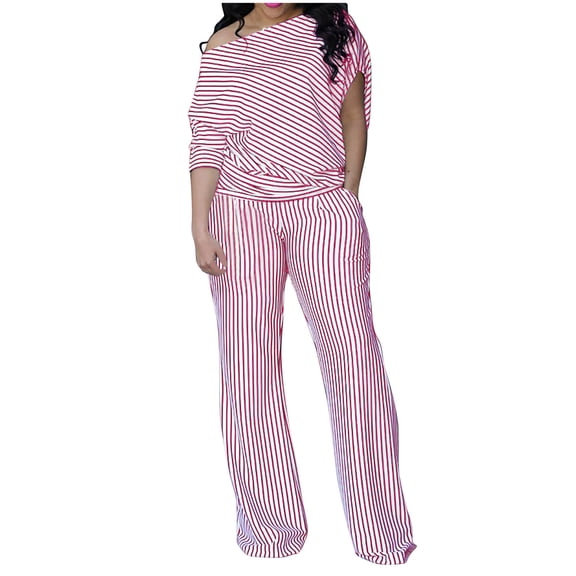 Ashirexll Outfits for Women, Two Piece Sets for Women, Streak Sloping Shoulder Right Long Sleeve Short Left Sleeve Top and Elastic Waist Pocket Loose Pants Set