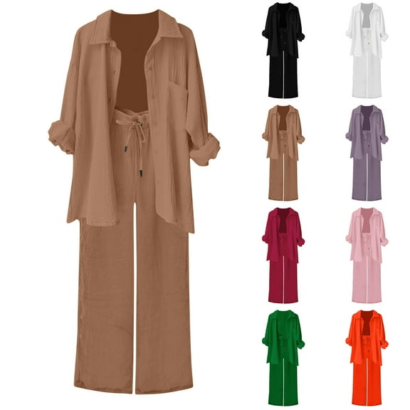 Ashirexll Outfits for Women, Two Piece Sets for Women, Winter Solid Color Lapel Long Sleeve Shirt and High Waisted Drawstring Oversized Pants Casual Set