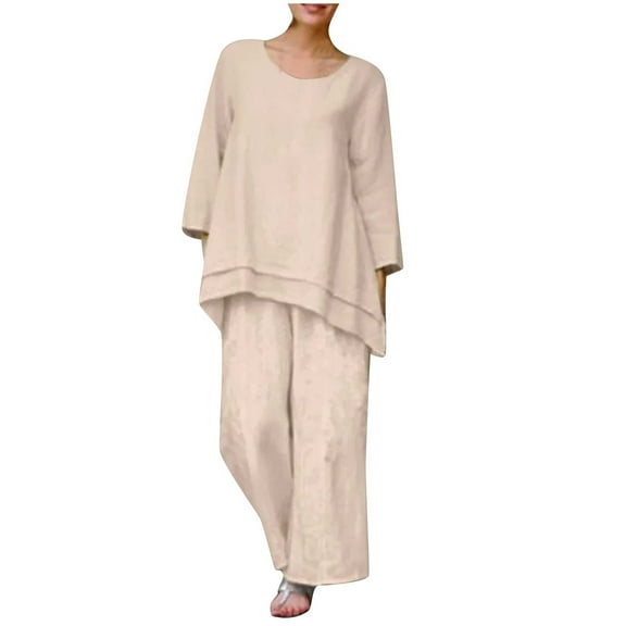 Ashirexll Outfits for Women, Two Piece Sets for Women, 2 Piece OutCasual Round Neck Long Sleeve Solid Color Top and Loose Wide Leg Pants