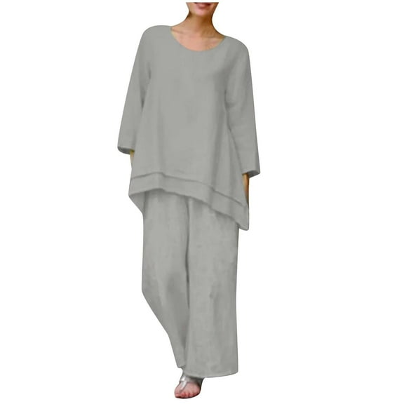 Ashirexll Outfits for Women, Two Piece Sets for Women, 2 Piece OutCasual Round Neck Long Sleeve Solid Color Top and Loose Wide Leg Pants