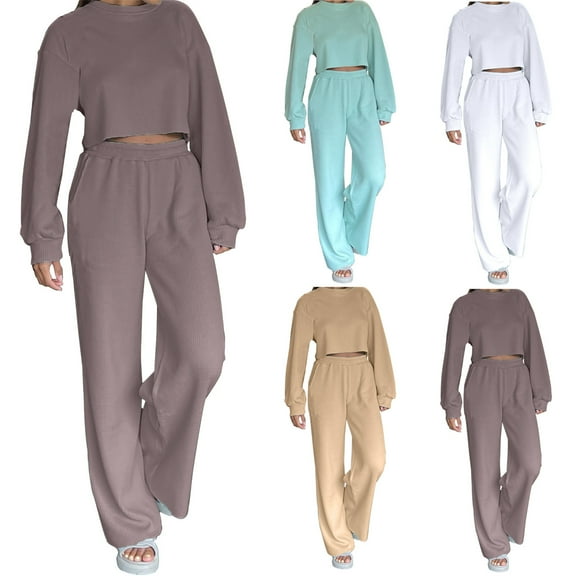 Ashirexll Outfits for Women, Two Piece Sets for Women, Collar Solid Long Sleeve Round Neck Short Blouse and Pants Casual Suit Set