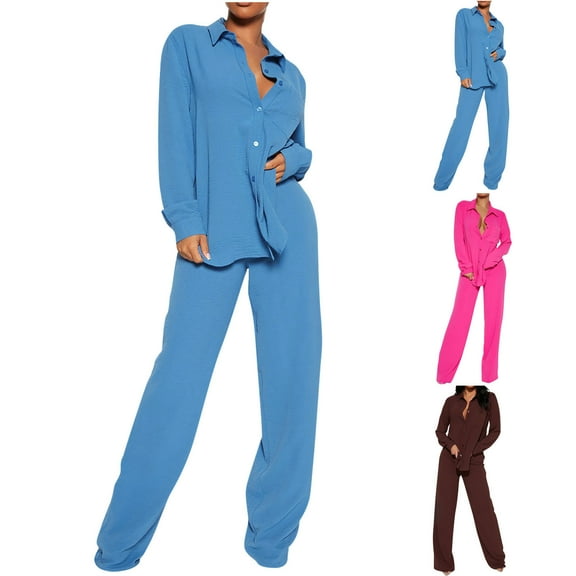 Ashirexll Outfits for Women, Two Piece Sets for Women, Fashion Long Sleeve Casual Elastic Comfortable Blouse and Pants Two Piece Set