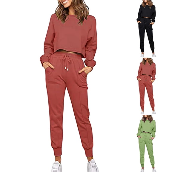 Ashirexll Outfits for Women, Two Piece Sets for Women, Fashion Round Neck Casual Top Blouse and Pants Two Piece Sportswear Set