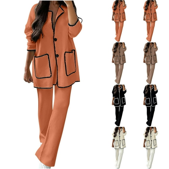 Ashirexll Outfits for Women, Two Piece Sets for Women, Fashion Solid Color Casual Pocket Top and Loose Straight Pants Two Piece Set