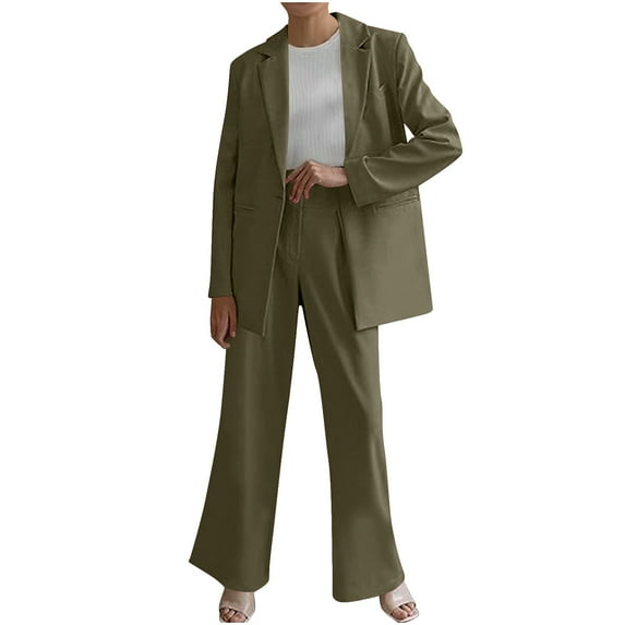 Ashirexll Outfits for Women, Two Piece Sets for Women, Solid Color Matching Long Sleeve Button Coat and Trousers Sophisticated Suit Set