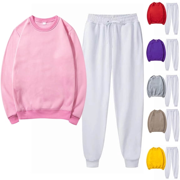 Ashirexll Outfits for Women, Two Piece Sets for Women, Solid Round Neck Pullover Top and Casual Sports Pants Soprts Two Piece Set