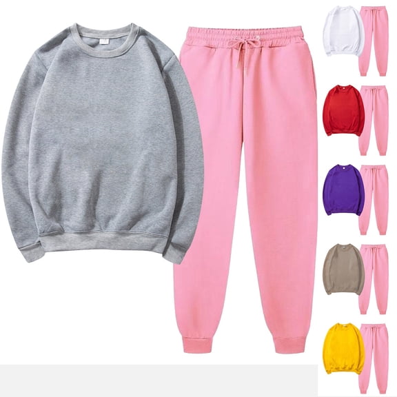 Ashirexll Outfits for Women, Two Piece Sets for Women, Solid Round Neck Pullover Top and Casual Sports Pants Soprts Two Piece Set