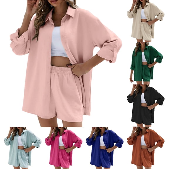 Ashirexll Outfits for Women, Two Piece Sets for Women, Solid Turndown Collar Long Sleeve Shirt Blouse and Shorts Pants Casual Set