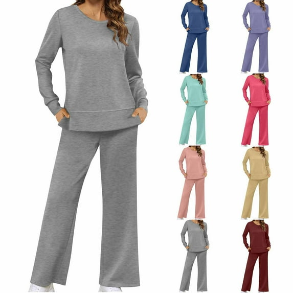 Ashirexll Outfits for Women, Womens 2 Piece Outfits, Solid Color Casual Round Neck Long Sleeve Set with Side Split Pants