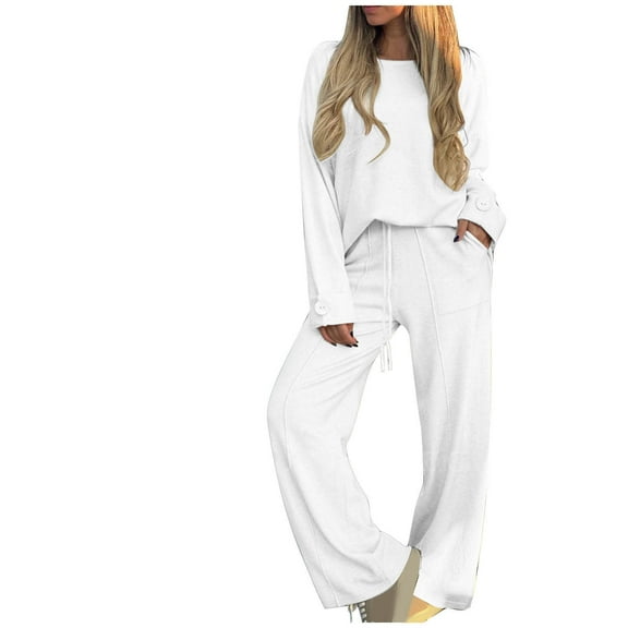 Ashirexll Outfits for Women, Womens Winter Sets, Solid Color Casual Crew Neck Long Sleeve Button Up Top and Lace Up Wide Leg Trousers Two Piece Set