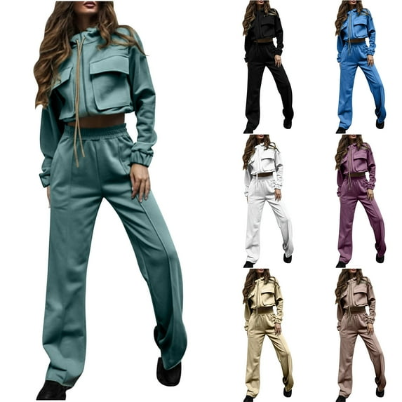 Ashirexll Outfits for Women, Womens Winter Sets, Solid Color Zipper Double Pocket Drawstring Long Sleeve Top and Casual Pants Suit