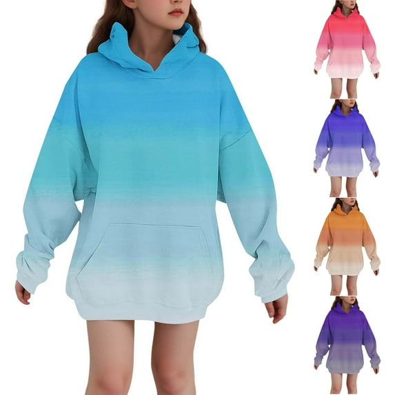 Ashirexll Oversized Hoodies for Girls Long Sleeve Shirts 3-14 Years Winter Gradient Color Velvet Fashion Casual Comfortable Warm Fleece Hooded Sweatshirt