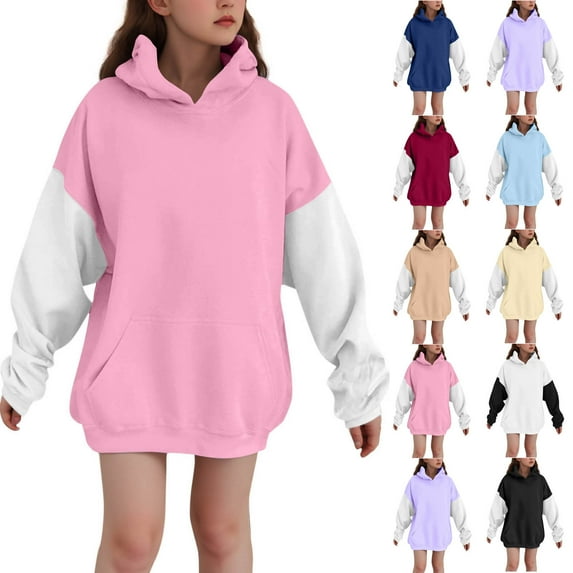 Ashirexll Oversized Hoodies for Girls Long Sleeve Shirts 3-14 Years Winter Solid Color Velvet Fashion Casual Comfortable Warm Fleece Hooded Sweatshirt