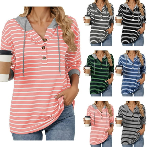 Ashirexll Oversized Hoodies for Women, Womens Hoodies, Ladies Fall Fashion Striped Hoodies Button Long Sleeve Loose Hooded Sweatshirt