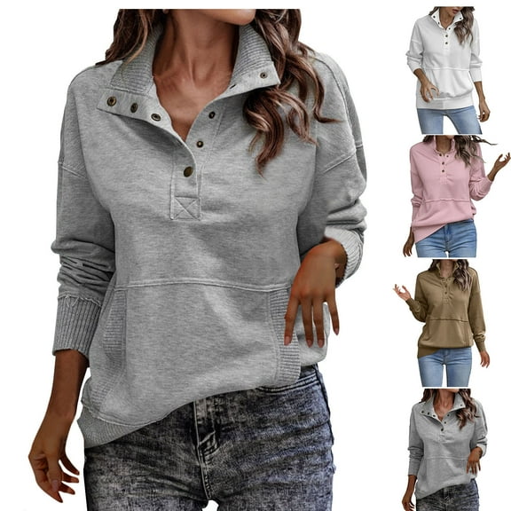 Ashirexll Oversized Sweatshirt for Women, Fall Sweatshirts for Women, Ladies' Casual Fashion Button Pocket Long Sleeve Collar Sweatshirt Blouse Top