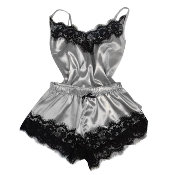 Ashirexll Pajamas for Women Set, Sexy Pajamas for Women, Fashion Sexy Lace Sleepwear Temptation Underwear Nightdress Top Shorts Two-Piece Set Silver L