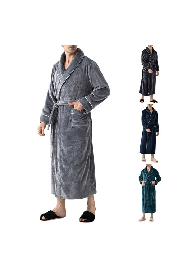 Pajamas for Men, Mens Robe, Casual Solid Color Long Sleeve Flannel Nightgown with for Plus Size Home Wear