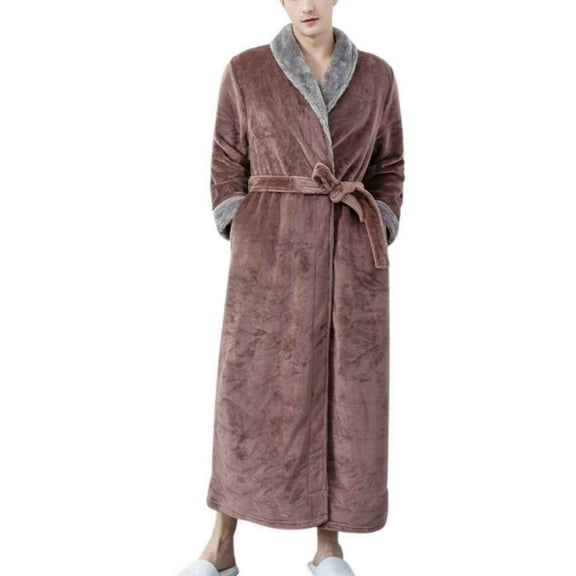 Ashirexll Pajamas for Men, Mens Robe, Couple Style Contrast Panel Winter Nightgown with Included Belt for Warm Bathrobe