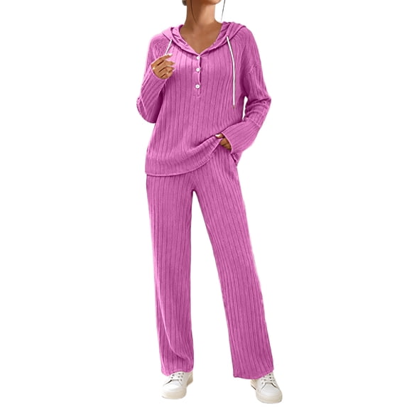 Ashirexll Pajamas for Women Set Ribbed Knit Hooded Long Sleeve Button Front Top with Matching Pants Loungewear Pajama Set