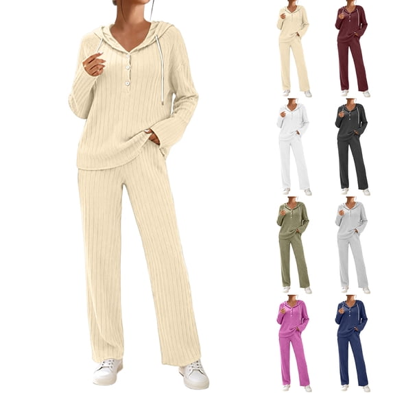 Ashirexll Pajamas for Women Set Ribbed Knit Hooded Long Sleeve Button Front Top with Matching Pants Loungewear Pajama Set