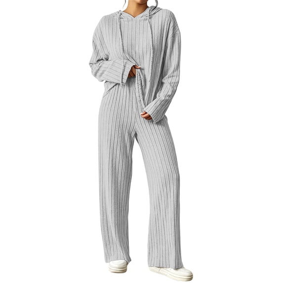 Ashirexll Pajamas for Women Set Ribbed Knit Hooded Long Sleeve Button Front Top with Matching Pants Loungewear Pajama Set