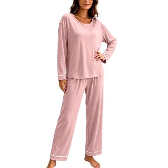 Ashirexll Pajamas for Women Set Solid Color Round Neck Loose Long Sleeve Top with Matching Pants Loungewear Set