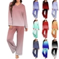 thumbnail image 1 of Ashirexll Pajamas for Women Set Solid Color V-Neck Long Sleeve Pajama Top with Matching Long Pants Loungewear Set, 1 of 7