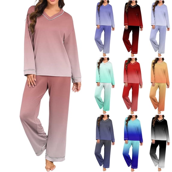 Ashirexll Pajamas for Women Set Solid Color V-Neck Long Sleeve Pajama Top with Matching Long Pants Loungewear Set