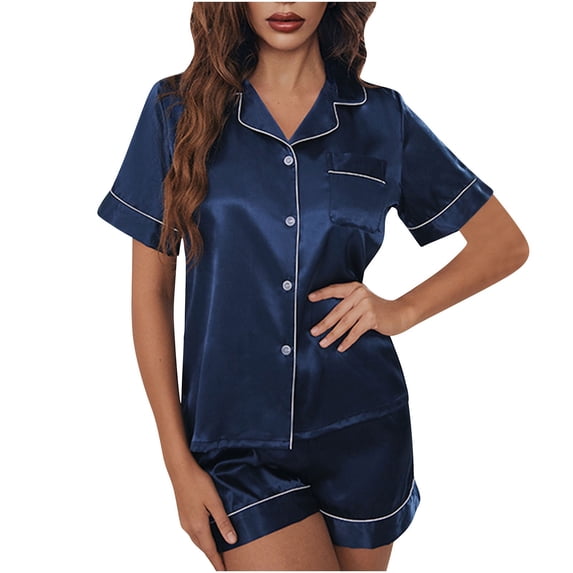Ashirexll Pajamas for Women Set Summer Plus Size Short Sleeve Button Down Loose and Comfortable Ice Silk Thin Solid Color Pajamas Set Navy XXL
