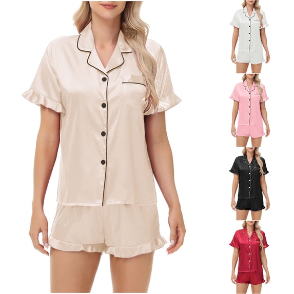 Ashirexll Pajamas for Women Set, Two Piece Sets for Women, Double Leaf Edge Imitation Silk Short Sleeve Top and Pant Home Set