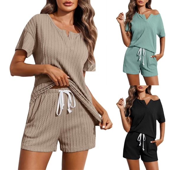 Ashirexll Pajamas for Women Set, Two Piece Sets for Women, Knit Fabric Short Sleeve Top and Shorts Home Pajama Set