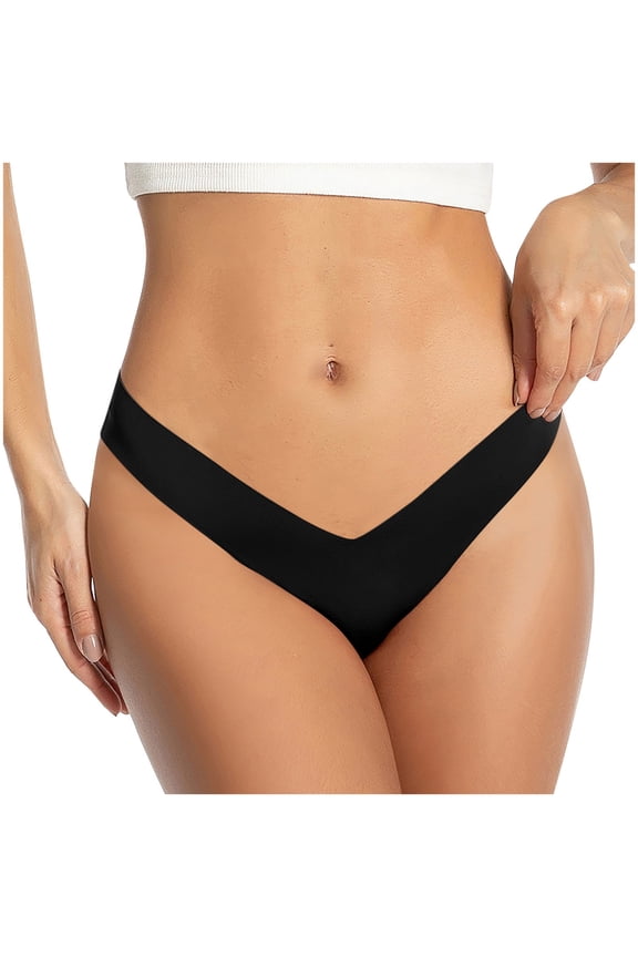 Panties for Women, Thongs for Women Low Waist Deep V-Neck Solid Color Seamless Traceless Stretch Silk Thong Panties Black L