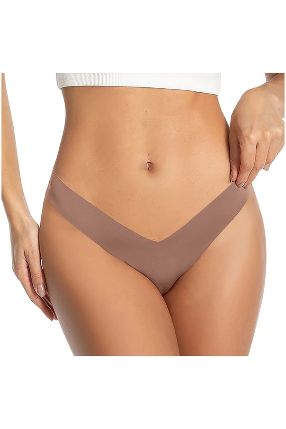 Panties for Women, Thongs for Women Low Waist Deep V-Neck Solid Color Seamless Traceless Stretch Silk Thong Panties Rose Gold XXL