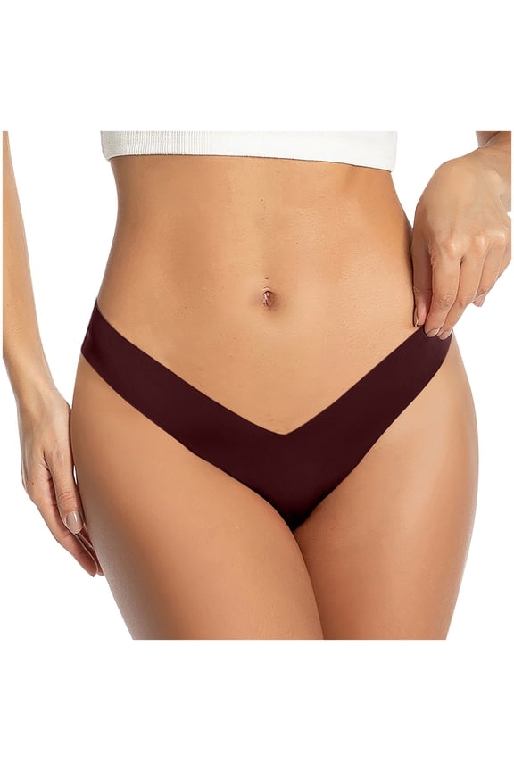 Panties for Women, Thongs for Women Low Waist Deep V-Neck Solid Color Seamless Traceless Stretch Silk Thong Panties Wine M