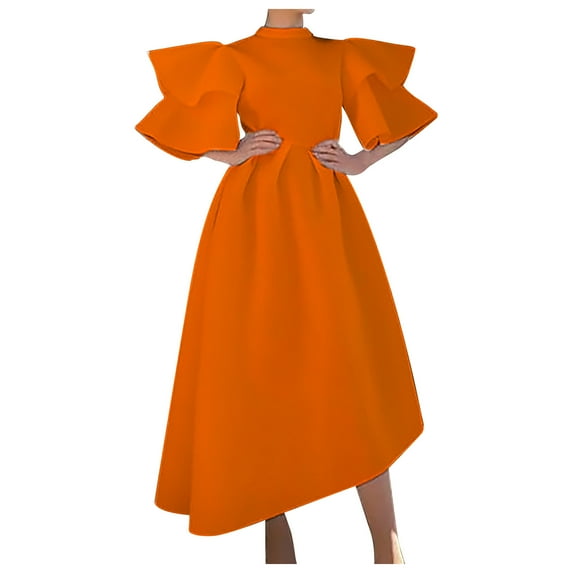 Ashirexll Party Dress for Women, Solid Color Plus Size Fashion Round Neck Double Ruffle Sleeve Big Hem Dress Orange M