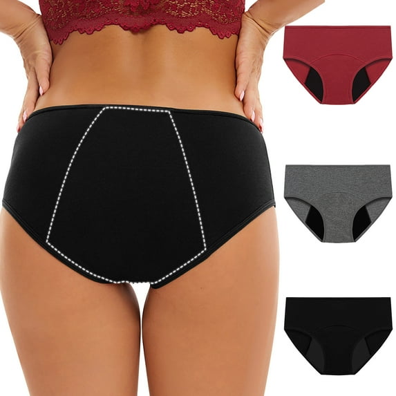Ashirexll Period Underwear for Women Mid Waisted Plus Size Period Underwear Menstrual Leakproof Cotton Panties 3 Pack Black F 3XL