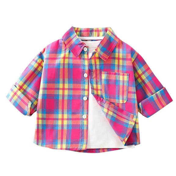 Ashirexll Plaid Button Up Shirts for Kids 1-11 Years Short Sleeve Turndown Collar Casual Fashion Top Summer Fall