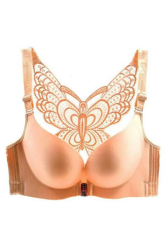 Plus Size Bras for Women no Underwire Comfortable Wireless Full Coverage Bra, Front Closure Butterfly Backless Everyday Bras, Push up Bras for Women Khaki 40D