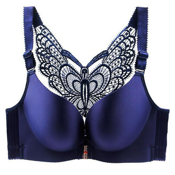 Ashirexll Plus Size Bras for Women no Underwire Comfortable Wireless Full Coverage Bra, Front Closure Butterfly Backless Everyday Bras, Push up Bras for Women Navy 44D