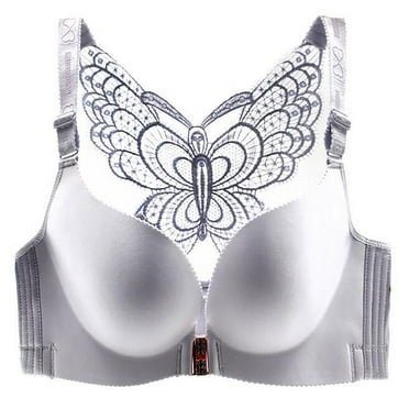 Ashirexll Plus Size Bras for Women no Underwire Comfortable Wireless Full Coverage Bra, Front Closure Butterfly Backless Everyday Bras, Push up Bras for Women Gray 40C