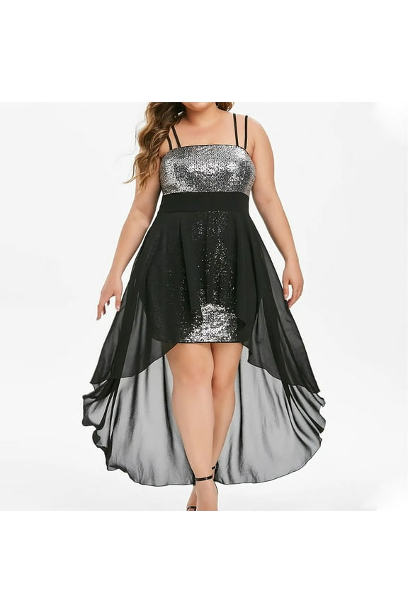 Plus Size Dress for Women Fashion Sling Deep Sequin Loose Evening Dresses Prom Wedding Maxi Dresses Black 4XL