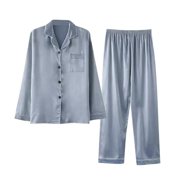 Ashirexll Plus Size Lounge Sets for Women, Two Piece Sets for Women, Fashion Solid Color Long Sleeved Wide Leg Pants Set with Pockets Blue L